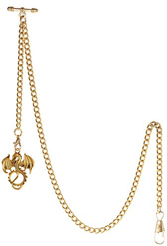 TREEWETO Men's Albert Chain Pocket Watch Curb Link Key Chain 2 Hooks with Antique Dragon Gold Pendant Design Charm Fob T Bar