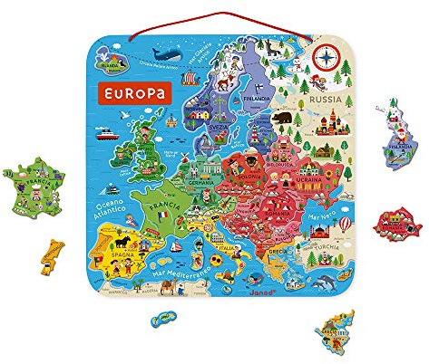 Janod - Magnetisches Puzzle Europakarte - Pädagogisches Holzpuzzle zum Lernen der Geographie - Europareise mit 40 Magneten - Zum Aufhängen an der Wand - Italienische Version - Ab 7 Jahren, J05475