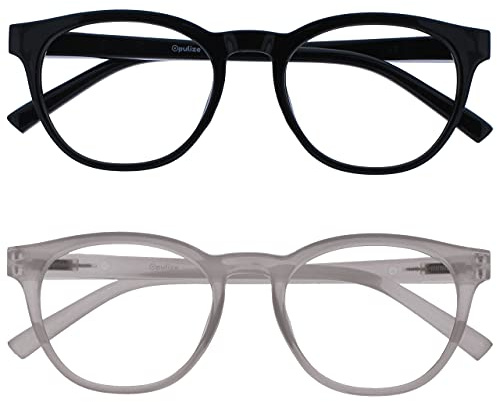 OPULIZE BLU Blaulichtfilter Lesebrille für Damen Herren, Blendfreie UV400-Schutz Federscharnier Anti-Müdigkeit, Runder Rahmen, Computerbrillen Gaming, 2er-Pack Schwarz Eis +0,00