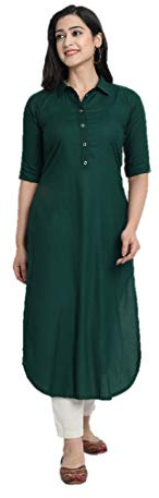 kurtis för kvinnor indisk tunika toppar klänningar solid skjorta krage raka kurtas för kvinnor festkläder, Mörkgrön, XL