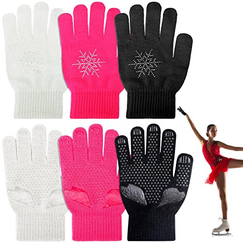 Jiuguva 3 Paar Eiskunstlauf-Handschuhe, Eiskunstlauf-Zubehör, Handschuhe mit Schneeflocke, Strass, Strickhandschuhe für Kinder, Mädchen (schwarz, weiß, rosa)