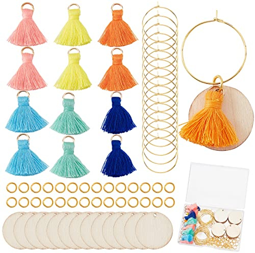 SUNNYCLUE 1 Box 30 Stück 6 Farben Weinglas Anhänger Aus Holz Quaste Getränke Anhänger Goldene Glasringe Etiketten Kennzeichnung Gläser Holz DIY Getränkemarker Anhänger Für Geschenke Hochzeiten Versamm