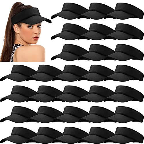 24 Pieces UV Protection Visors for Women Men Sports Outdoor Sun Visor Hat Black Visor Adjustable Beach Cap for Outdoor Tennis Running Golf