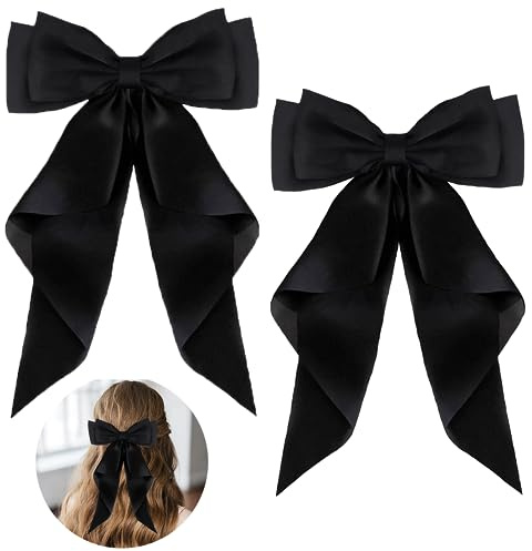 ZEVONDA Horquillas para el Pelo - Lazos Grandes para el Cabello con Satén largo y Sedoso Pinzas para el Cabello Accesorios para el Cabello para Mujeres Niñas, Negro (2PCS)