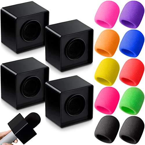 Fiada 4 Pcs Microphone Flag Station ABS Interview Mic Logo Square Cube Shaped Mic Flag with 10 Pcs Microphone Foam Cover Microphone Accessories (Black Microphone Flag Station, Colorful Foam Cover)