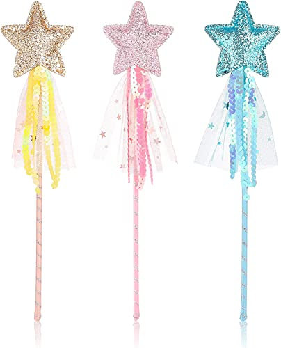 Stern Zauberstab,Prinzessin Zauberstab 3 Stücke Feenstab Glitzer Stern Zauberstab Leistung Feenstab für Mädchen Weihnachten Kostüm Requisiten Party Versorgung (Rosa, Gelb,Blau)