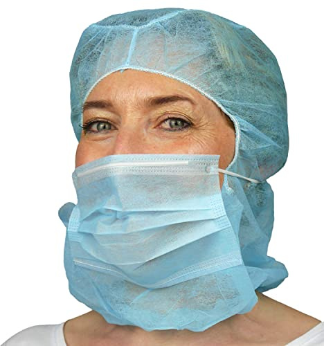 100x ARNOMED® Astro Haube mit 2-lagigem Mundschutz Blau | PP Haarnetz mit angenähter Maske, Kopfhaube mit Gummizug & Face Mask, Krankenschwester & Pflege Zubehör, Kopfschutz Küche