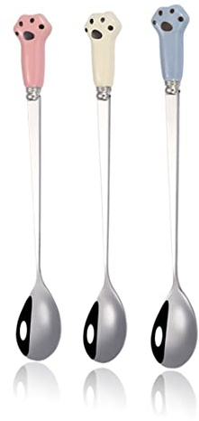 XPEX Lot de 3 d'un Ensemble cuillère en Acier Inoxydable avec Manche en Silicone de Motif Griffe de Chat Mignon, pour Lait en Poudre ou Nourriture du Chat et Chien Boite Croquette Chat