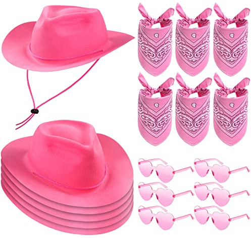 Newcotte 18 Pcs Western Cowboy Hat Set Include 6 Felt Cowgirl Hats 6 Paisley Bandanas 6 Pairs Heart Glasses for Party Costume(Pink)