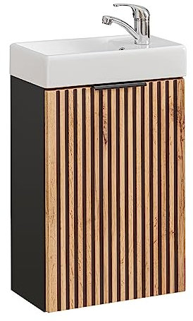 Lomadox Petit lavabo 41 x 66 x 22 cm avec lavabo en céramique anthracite et chêne rainuré Noir, Meuble Salle de Bain