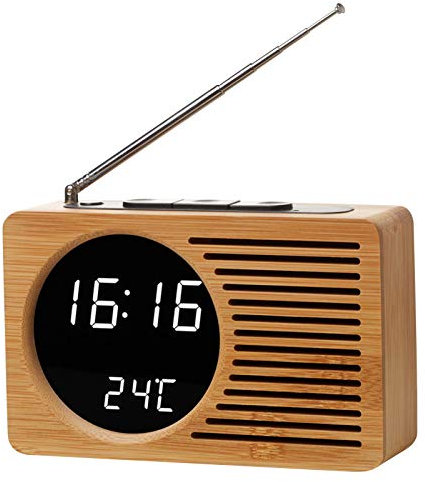 Karlak Réveil en bois rétro multifonction avec radio de tête, radio horloge avec écran numérique haute définition