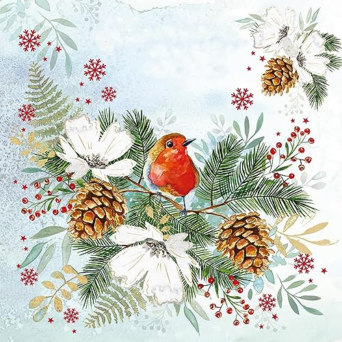 20 Servietten Weihnachten Rotkehlchen im Wintergesteck als Tischdeko. Papierservietten mit Motiv. Auch für Decoupage und Serviettentechnik 33x33cm