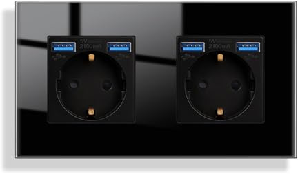 JIMEIDA Doppelsteckdose Glas mit USB in Schwarz Unterputz,2 Fach 16Amp Steckdosen mit 2 USB A max.2.1A,157 * 86mm,250V