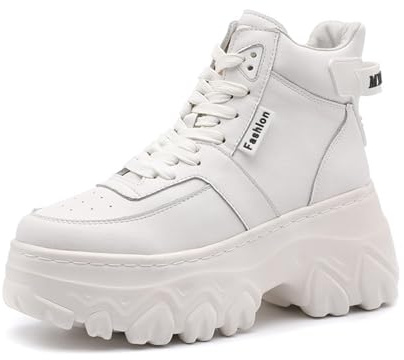 ANUFER Mujeres Plataforma Zapatillas Gruesas Caña Alta con Cordones Tobillo Botines Blanco SD5A1024 EU37