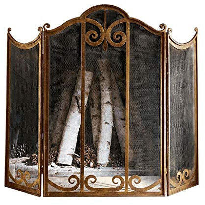 Funkenschutz/Funkenschutzgitter Großer goldener Kaminschutz, 3 Paneele, kunstvolles Schmiedeeisen-Metall-Kamin-Stehtor, dekoratives Netz, massiver Stahl, Funkenschutz-Abdeckung, Zubehör for Outdoor-We