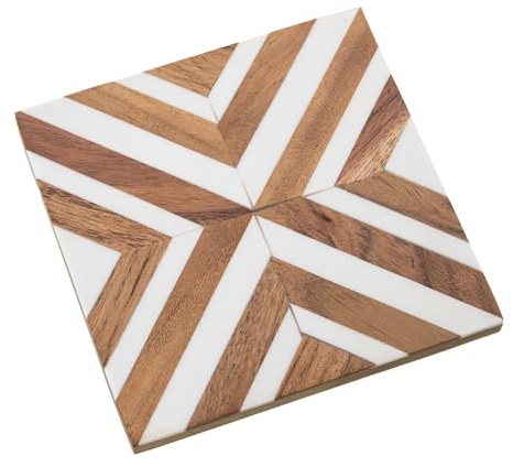 Set de 4 portavasos de Resina y Madera en Blanco y Natural 10x10x0.7 cm
