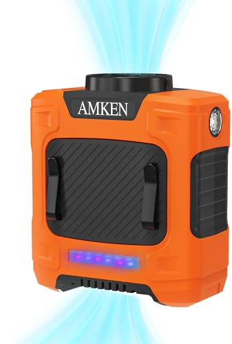 AMKEN Waist Fan, 10000mAh Rechargeable Belt Clip Fan, 24H Runtime, 49ft/s Strong Airflow, 3-Speed 7-in-1 Hands-Free Wearable with LED SOS Warning Light for Jobsite, Warehouse, Camping, Outdoor Work