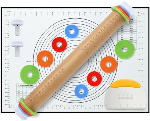 Unokit Strumenti per fare la pasta 3 pezzi, mattarello legno con spessori, tappetino silicone cucina sovradimensionato e tarocco per impasti per la preparazione di biscotti, pizze