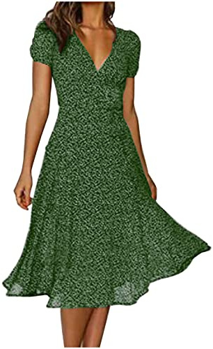 Festliga klänningar för kvinnor, enkel klänning med V-ringning, korta ärmar, klassisk prickigt tryck, spets, eleganta flödande klänningar, semester, dejter, havssida, promenad, modeklänning, Grön, XXL