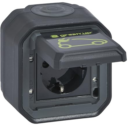 LEGRAND, Plexo New Feuchtraum-AP-EV-Steckdose, Aufladen von Elektrofahrzeugen, IP55 - IK08, 230V, 16A, autom. Anschlüsse, Schuko-Standard, integr. Klappdeckel E-Auto-Markierung, Anthrazit, 069708L