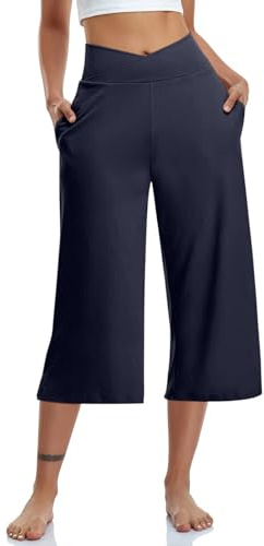 EMATOP 3/4 Leicht Sommerhose Damen Knielang Kurze Hosen Hohe Taille Yogahose Einfarbig Luftig Jogginghose Elegant Weites Bein Hosen mit Taschen Caprihose Elastische Taille Sporthose Strandhose