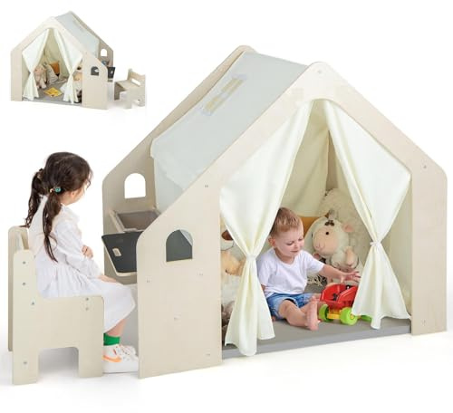 HOMASIS 6 in 1 Kinderzelt Indoor, Spielzelt mit Kindertisch & Stuhl, Kinder Spielhaus mit Matte & Tafel & Aufbewahrungsbox, Kinderspielhaus aus Holz für Kinder ab 2 Jahren (Mit 1 Box)