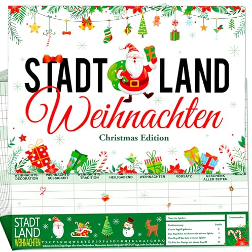 HOWAF 20 Blatt Weihnachtsspiel Stadt Land Weihnachten mit 21 Kategorien, A4, Spielblock Gesellschaftsspiele Familienspiele Partyspiel zur Weihnachten für Kinder, Teenager & Erwachsene, Geschenkidee