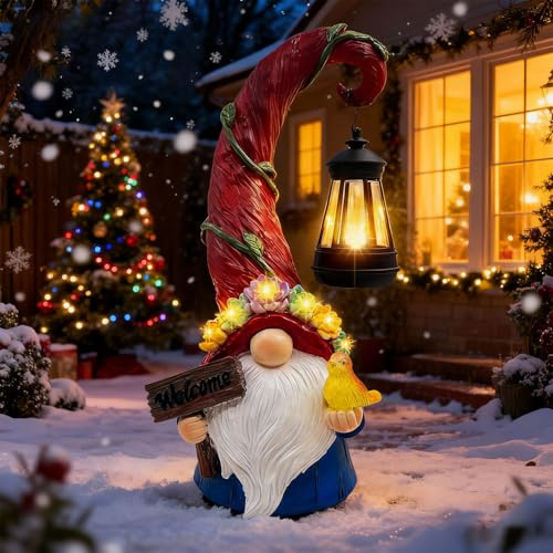 Vovkokc Gnome Garden Decor Statue - Solar Lantern Christmas Gnomes Decorations for Yard with Succulent and 6 LED Lights Outdoor Decoration for Patio
