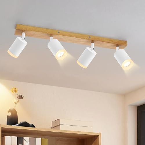 ZMH Lámpara de techo LED reflector de 4 focos - Lámpara de techo de madera GU10, lámpara de cocina giratoria 350°, vintage, para cocina, pasillo, salón, dormitorio (sin bombilla)