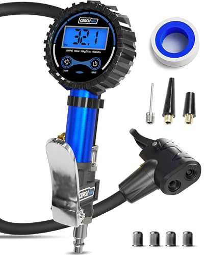 GERCHWAY Digitaler Reifenfüller mit Manometer 0–14 bar für Fahrrad/Auto | Dualkopf-Ventil-Adapter für Presta/SV (französisches Ventil) und Schrader/AV, Druckluft-Reifendruckprüfer für Luftkompressor