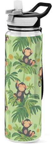Bouteille d'eau de sport en Tritan sans BPA avec paille - Motif singes et palmiers dessinés à la main - Vert - 1 l