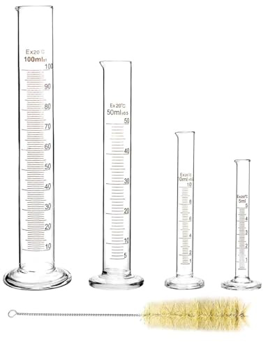 Lot de 4 éprouvettes graduées en verre 5 ml, 10 ml, 50 ml, 100 ml, avec 1 pinceau, tubes à essai en verre pour laboratoire et artisanat