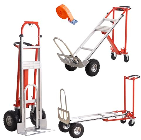3-in-1 Industrial Aluminum Dolly Hand Truck,Convertible Hand Truck Dolly,1000 Lbs Capacity Hand Trucks Heavy Duty with PU Solid Wheels and Cargo Straps for Moving and Transport (red)