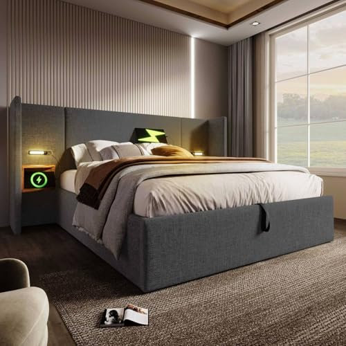 Polsterbett Doppelbett 180×200 mit Nachttisch, Leselampe und USB Type-C Ladefunktion, Bettanlage Stauraumbett Bettgestell mit Lattenrost aus Massivholz und Metall, Grau, Leinen(Ohne Matratze)
