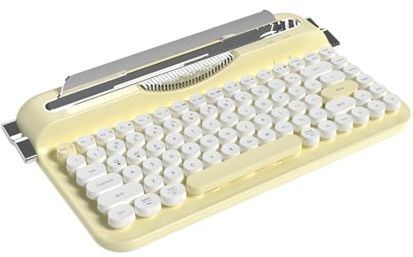 AJAZZ AF84 Clavier sans Fil, Design Rétro élégant avec Support Intégré pour Tablette et Téléphone, Touches Rondes Rétro de Couleurs Variées, 2,4GHz sans Fil/Bluetooth pour PC/Win/Mac (Jaune)