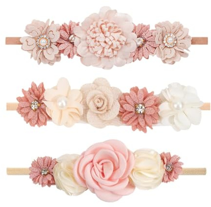 CATOR Lot de 3 bandeaux pour cheveux pour bébé, bandeau en nylon à motif floral délicat, accessoires pour cheveux pour bébés filles, nourrissons, nouveau-nés, doux et moelleux.