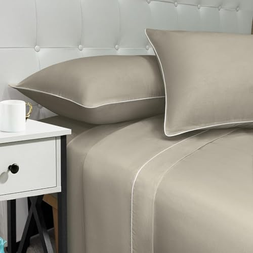 NARCISO - Lenzuola Letto Singolo Cotone Made in Italy, Set Lenzuola Letto Singolo con Profilo Decorativo Look Moderno, Fantasia Tinta Unita in Varie Colorazioni di Design (Sabbia)