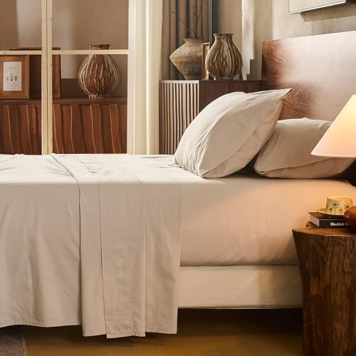 Overket 100% Linen Sheet Set King Size Extra Deep Pocket Fits 18-24 Inch Mattress, Breathable & Soft, Smooth 4-Piece Set for Thick Mattresses Hotel Luxury Bedding（King, Linen）