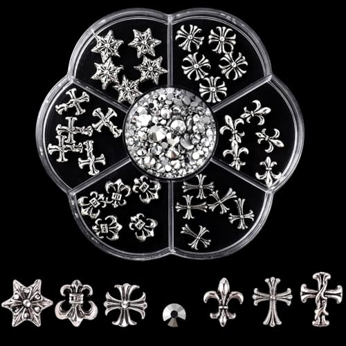 Canollo 7 Typen 230 Stück Nail Charms Silber, Verchromtes Metall, 3D Silberner Charms Nägel mit Kreuz, Chrome Hearts, Gothic-Retro-Punk Nagelschmuck, Nagel Steine, Silver Strasssteine, für Nageldesign