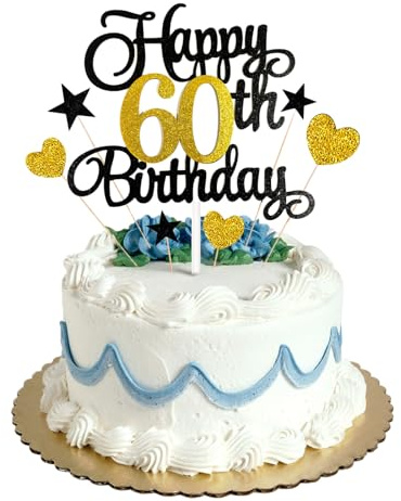 60th Happy Birthday Cake Topper Black Gold Glitter,Personalised Cake Toppers forgrandfather Grandmother Dad Mom Uncle Birthday Party Cake Decorations Kit with Star Heart Cupcake Topper