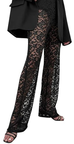 2025 - Pantalones largos rectos de encaje transparente de cintura alta para mujer, ropa de playa para mujer, Negro, S