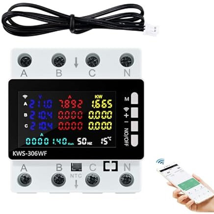 WiFi Compteur Electrique Triphasé, 80A 220V AC compteur de courant de compteur intelligent wlan en 1 avec écran LCD, protection contre les pannes de courant/sous-tension/surintensité/surpuissance etc