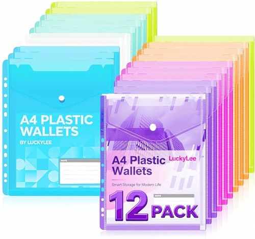 12 Pochettes Plastiques Perforées A4,6 Couleurs Pochette Classeur A4 Refermable avec Bouton Pression, Transparentes Porte-Document Classables avec 11 Bords Perforés pour étiquettes pour Classeur