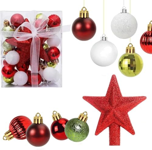 30 Stück Mini Weihnachtskugeln Set,3CM Klein Christbaumkugeln mit Aufhänger Weihnachtsdeko,Weihnachtskugeln Kunststoff Set mit Weihnachtssterne Baumspitze für Weihnachtsbaum Deko (Rot & Grün & Weiß)