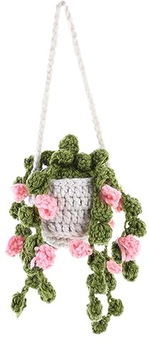 Amosfun Crochet Car Hanging Ornament and Pendant Handmade Hanging Plant Basket White Crochet Pot and Pink Flower, Car Rearview Mirror Decoration for Vehicle Interior