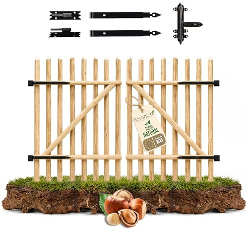 Floranica Puerta de jardín de madera de avellano para valla de estacas Altura 70 cm x 100 cm 2 hojas – para montaje propio incl. bisagras
