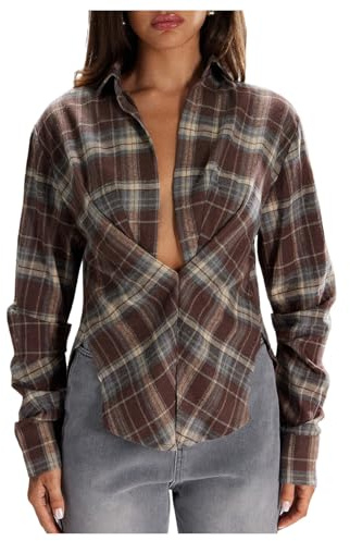 Floerns Women's Plaid Button Down Shirts Collared Long Sleeve Casual Blouse Top Brown Large