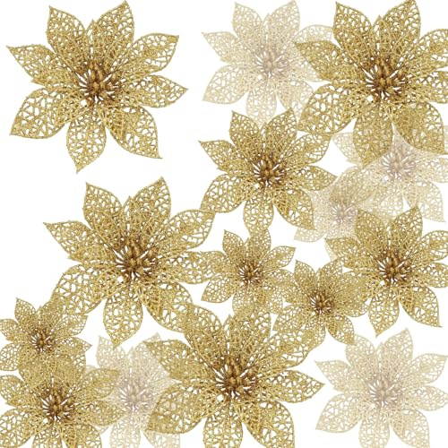 24 Piezas Flores Arbol Navidad, Flor de Pascua Artificial Tres Tamaños | Decoracion Arbol de Navidad Brillantina, Flores Artificiales Decoracion para Año Nuevo Boda Fiesta (Argento)