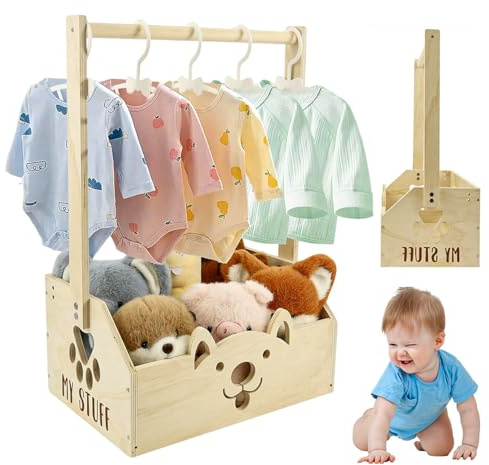 YISKY Holz Baby Geschenk Korb mit Griff, Holz Babyparty Schrank, Babykorb Geschenk mit 5 Kleiderbügel, Shower Wäschekorb für Geburtstage Babypartys Weihnachten Neue Eltern (Stil 2)
