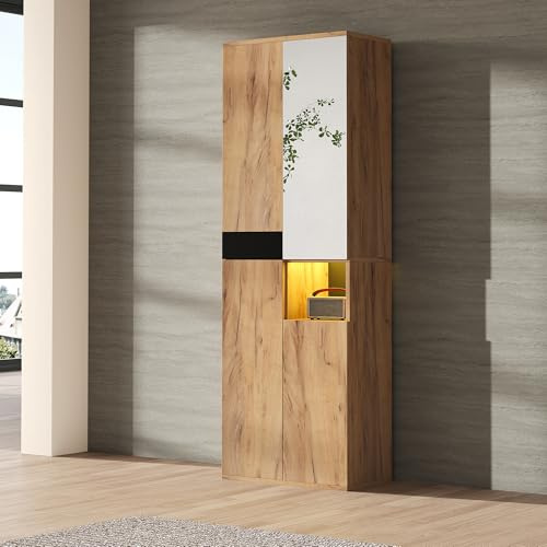 Ligterra 65×35×190 cm Hoher Schrank mit Spiegel, Vier Türen und Einem Offenen Staufach, Bücherregal Kleiderschrank Regal, Schrank Organizer Mehrzweckschrank, Allzweckschrank(Natur+Schwarz)